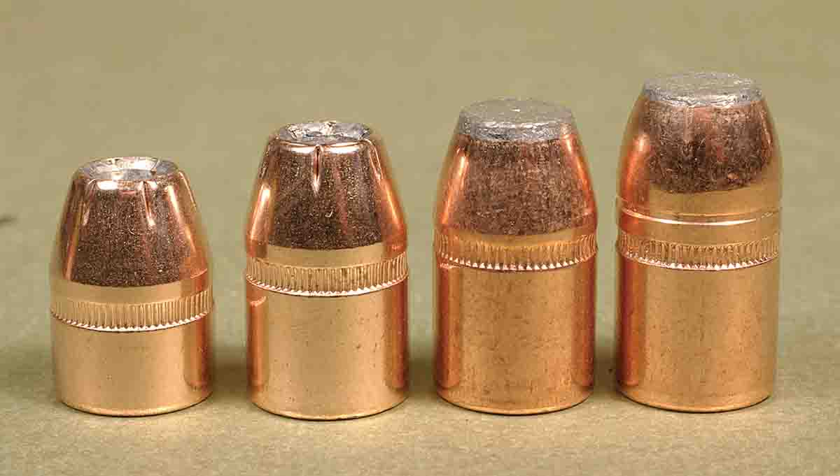 If you like to shoot jacketed bullets in the .44, they’re available in weights from 200 to 300 grains. From the left, bullets include the Hornady 200-grain XTP, Hornady 240-grain XTP, Speer 270-grain Gold Dot and Speer 300-grain softpoint.